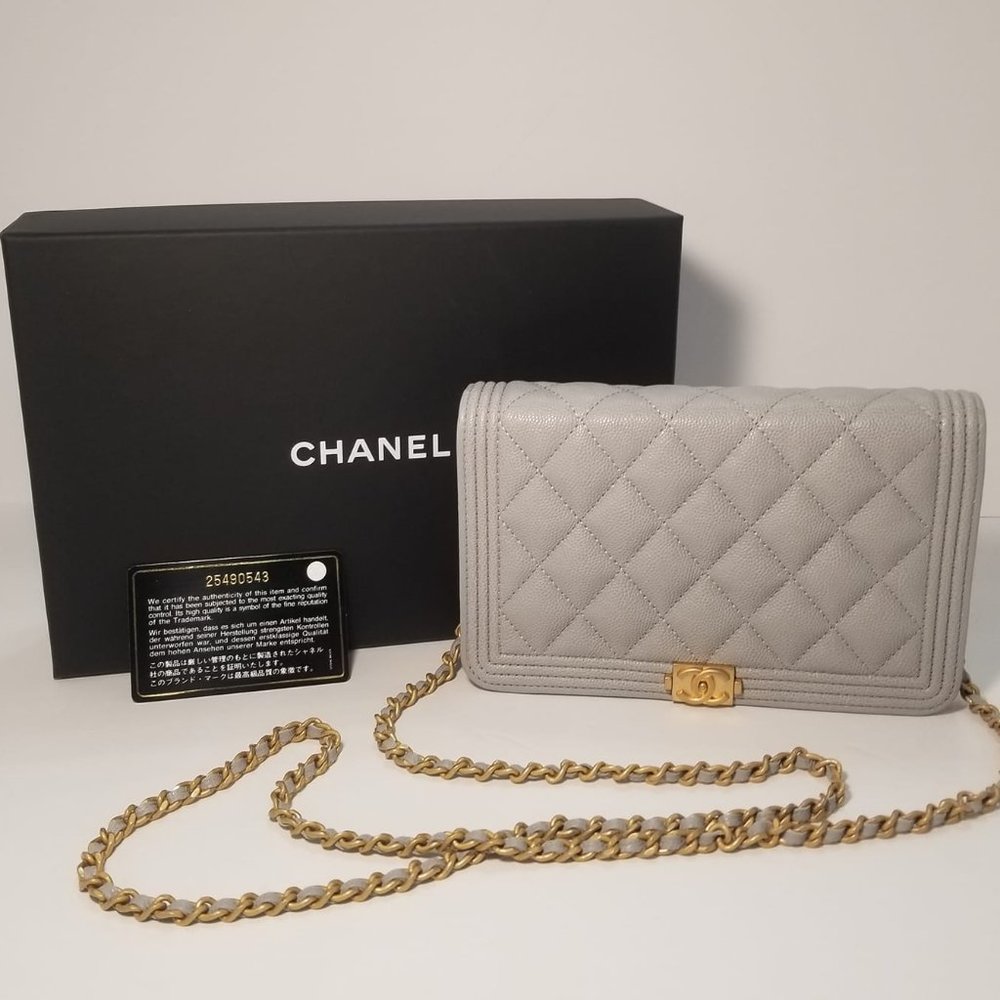 BRAND NEW AUTHENTIC Chanel boy Wallet On Chain WOC Gray caviar leather with gold
